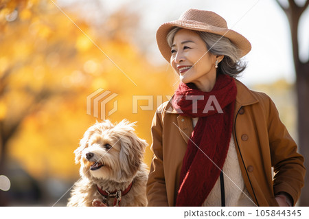 A senior woman enjoying an autumn walk and her pet dog "AI-generated image" 105844345