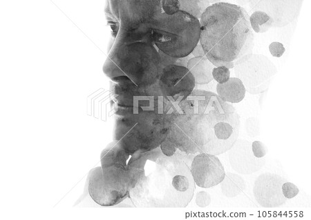 A black and white paintography portrait of a man and painted circles A black and white paintography portrait of a man and painted circles 105844558