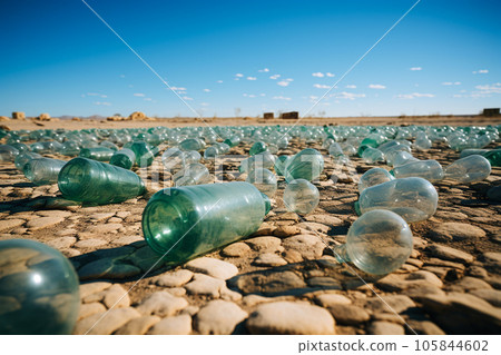 Empty bottles rolling on desertified land due to lack of water "AI generated image" 105844602