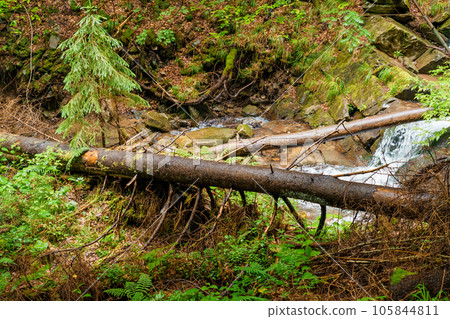 Waterfall cascade on mountain cliffs. Mountain waterfall in the mountains. Mountains Carpathians Ukraine Waterfall cascade on mountain cliffs. Mountain waterfall in the mountains. Mountains Carpathians Ukraine 105844811