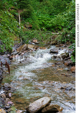 Mountain waterfall, large water flow of mountain waterfall, mountain river near the rock. Huk Waterfall, Ukrainian Carpathians 105844814