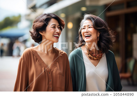Two women walking in the city in autumn Mother and daughter "AI generated image" 105844890