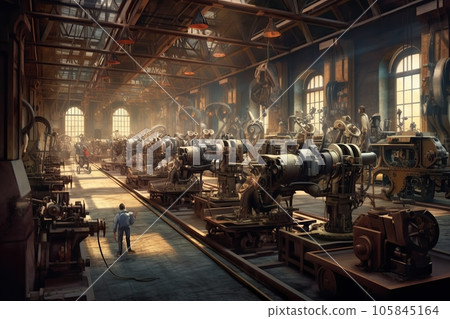 Assembly line, capturing engineering ingenuity and the spirit of the Second Industrial Revolution created by generative AI 105845164