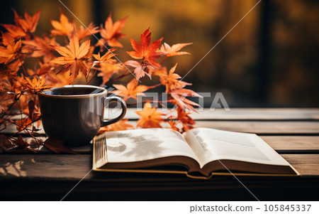 Coffee, books and autumn leaves Autumn reading image 105845337