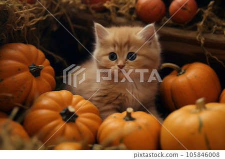 A fluffy orange kitten sitting with pumpkins in farm, cute ginger cat in autumn season and harvest festival halloween and thanksgiving concept. Generative AI A fluffy orange kitten sitting with pumpkins in farm, cute ginger cat in autumn season and harvest festival halloween and thanksgiving concept. Generative AI 105846008