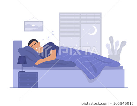 Man Sleeping in Bed and Snoring at Night Concept Illustration Man Sleeping in Bed and Snoring at Night Concept Illustration 105846015