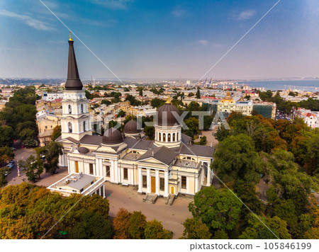 View of the Transfiguration Cathedral in Odessa before a Russian missile hit. Beautiful top view of the central cathedral in Odessa. Cathedral before destruction. Top view of Odessa in autumn. View of the Transfiguration Cathedral in Odessa before a Russian missile hit. Beautiful top view of the central cathedral in Odessa. Cathedral before destruction. Top view of Odessa in autumn. 105846199