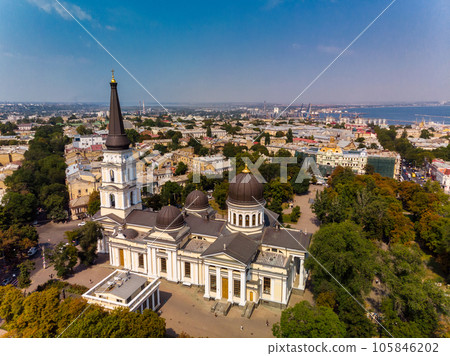 View of the Transfiguration Cathedral in Odessa before a Russian missile hit. Beautiful top view of the central cathedral in Odessa. Cathedral before destruction. Top view of Odessa in autumn. 105846202