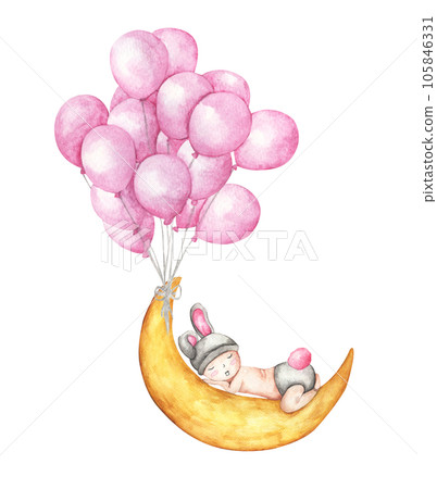 Watercolor painting of Cute little baby sleeping on the moon flying with pink balloons. 105846331