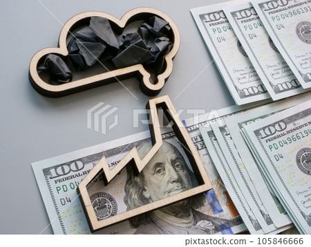 Factory figurine with black smoke and money. Environmental, Social and Corporate Governance ESG. 105846666