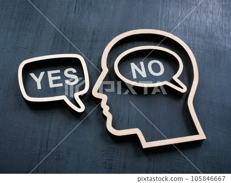 A Head shape with words no and yes. Learn to say no concept. A Head shape with words no and yes. Learn to say no concept. 105846667