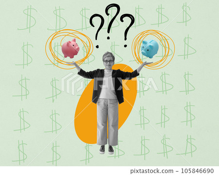 Woman holding two piggy banks symbols of choosing pension plan. Woman holding two piggy banks symbols of choosing pension plan. 105846690