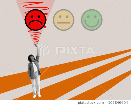 Woman chooses sad emoticon as a symbol negative customer experience. 105846694