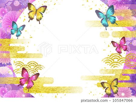 Round window frame with butterfly and Japanese pattern purple pink 105847066