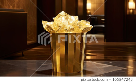 Golden metal basket full of crumpled golden paper in the luxury hotel Golden metal basket full of crumpled golden paper in the luxury hotel 105847243
