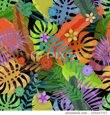 Seamless pattern Tropical exotic background. Colorful jungle leaves, flowers 105847357