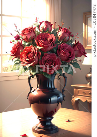 Illustration of a bouquet of red roses in a vase Illustration of a bouquet of red roses in a vase 105847478