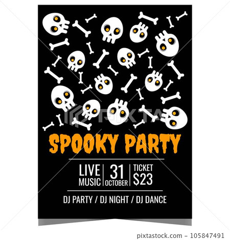 Halloween poster for spooky party with skeletons, skulls and bones on the background. Spooky Halloween party invitation flyer or banner to celebrate the All Saints' Day on October 31. 105847491