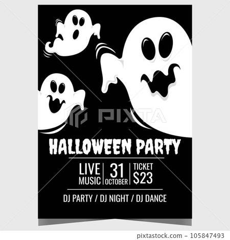 Halloween party banner with scary ghosts or phantoms on black background. Vector design template for spooky Halloween party poster, invitation flyer or leaflet to celebrate the holiday on October 31. 105847493