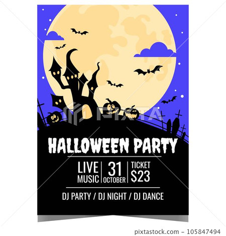 Halloween party poster with big full moon illuminating the witch's castle, scary pumpkins, horrible graveyard and flying bats. Ready to print vector template for Halloween Party celebration. Halloween party poster with big full moon illuminating the witch's castle, scary pumpkins, horrible graveyard and flying bats. Ready to print vector template for Halloween Party celebration. 105847494