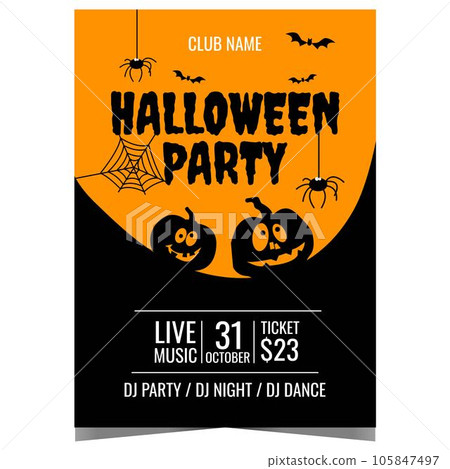 Nightmare Halloween party poster with scary pumpkins, spiders and bats on black-orange background. Halloween party invitation flyer, advertisement banner or leaflet to celebrate the All Saints' Day. Nightmare Halloween party poster with scary pumpkins, spiders and bats on black-orange background. Halloween party invitation flyer, advertisement banner or leaflet to celebrate the All Saints' Day. 105847497