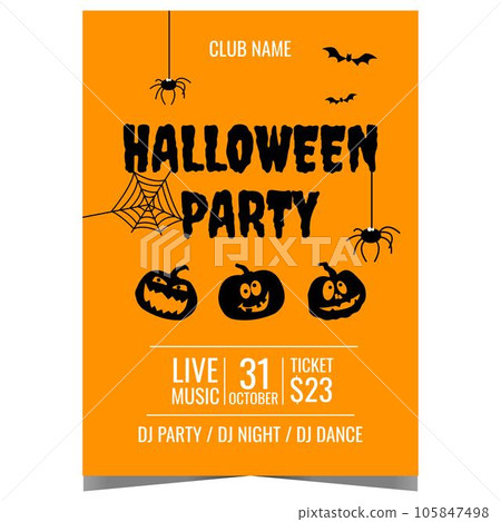 Halloween party invitation banner or poster with scary pumpkins, spiders and bats on orange background. Vector design template for Halloween party to celebrate the All Saints' Day on October 31. 105847498