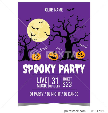Spooky Halloween party vector design template with scary pumpkins and horrible trees in the night, full moon and bats on violet background. Halloween party invitation, banner poster or flyer. 105847499