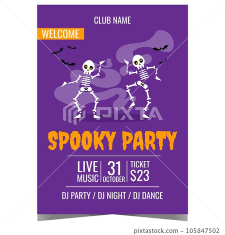Spooky Halloween party poster or banner with funny cartoon dancing skeletons and flying bats in violet background. Invitation flyer or billboard design to celebrate the All Saints' Day on October 31. 105847502