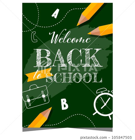 Back to school design template with chalk writing on blackboard and school supplies. Welcome back to school poster or banner for pupils and teachers to celebrate the start of the new school year. 105847503