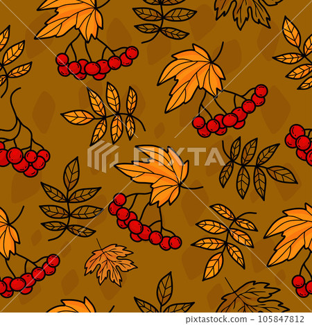 Autumn seamless pattern. Bunches of rowan berries on green background with colorful autumn leaves. Vector autumnal illustration for design, packaging, wallpaper and textile 105847812