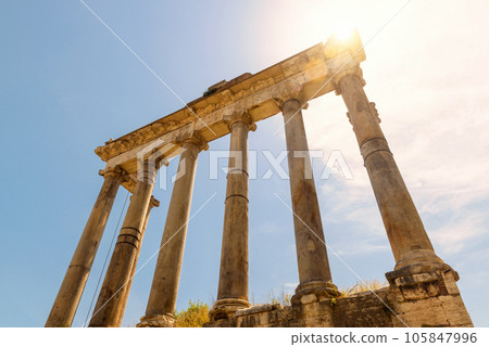Temple of Saturn on Roman Forum on sky background, Rome, Italy, Europe Temple of Saturn on Roman Forum on sky background, Rome, Italy, Europe 105847996