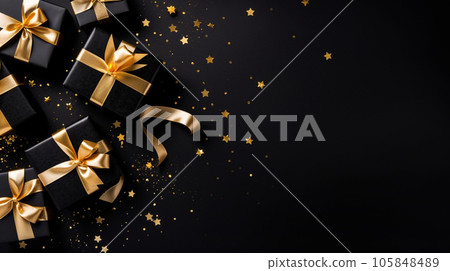 Black giftbox background with copyspace for yor text. Black friday concept. Generative AI. 105848489