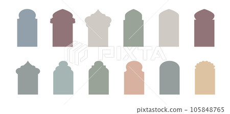 Islamic window boho colors shape. Arabic door shape. Islamic arhitecture elements of window and door Islamic window boho colors shape. Arabic door shape. Islamic arhitecture elements of window and door 105848765