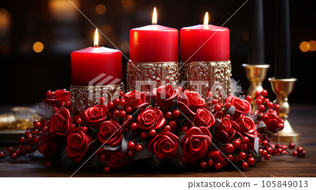 Christmas candle arrangement with flowers, new year and advent concept, christmas card Christmas candle arrangement with flowers, new year and advent concept, christmas card 105849013