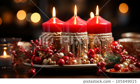 Christmas candle arrangement with flowers, new year and advent concept, christmas card Christmas candle arrangement with flowers, new year and advent concept, christmas card 105849015