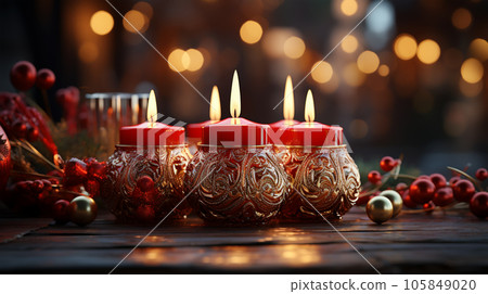 Christmas candle arrangement with flowers, new year and advent concept, christmas card 105849020