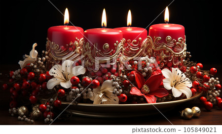 Christmas candle arrangement with flowers, new year and advent concept, christmas card Christmas candle arrangement with flowers, new year and advent concept, christmas card 105849021