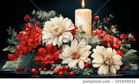 Christmas candle arrangement with flowers, new year and advent concept, christmas card 105849031