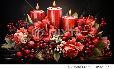Christmas candle arrangement with flowers, new year and advent concept, christmas card 105849038