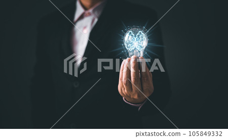 person hand holding power lightbulb and pretend to think, inspiration, creativity and imagination concept, innovation technology success business. Digital transformation. Ai technology. person hand holding power lightbulb and pretend to think, inspiration, creativity and imagination concept, innovation technology success business. Digital transformation. Ai technology. 105849332