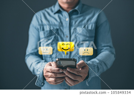 a client use smartphone select on the five star to give satisfaction in service.rating very impressed.Customer service and Satisfaction concept. a client use smartphone select on the five star to give satisfaction in service.rating very impressed.Customer service and Satisfaction concept. 105849334