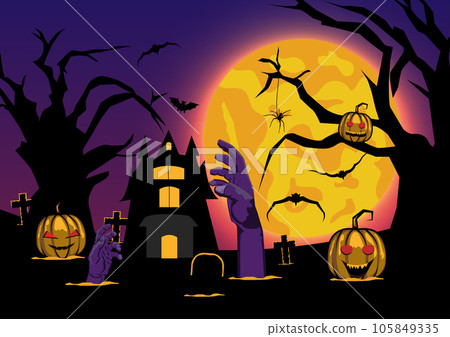 vector illustration Halloween silhouette with elements Trees, full moons, castles, pumpkins, funerals, bats. vector illustration Halloween silhouette with elements Trees, full moons, castles, pumpkins, funerals, bats. 105849335