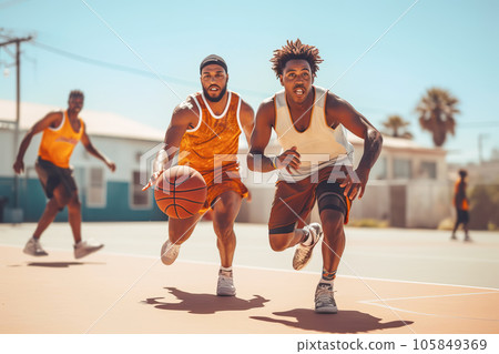 Two African American street basketball players having training outdoor. Generative AI illustration 105849369