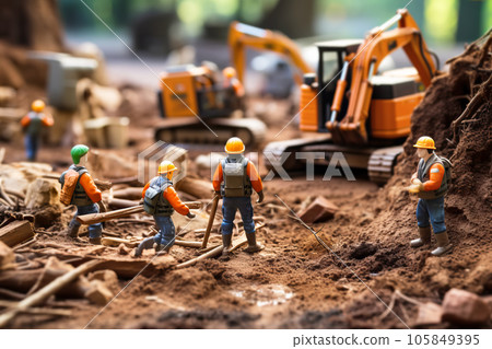 Tiny workers in protective helmets and vests doing earthworks with an excavator. Generative AI illustration Tiny workers in protective helmets and vests doing earthworks with an excavator. Generative AI illustration 105849395