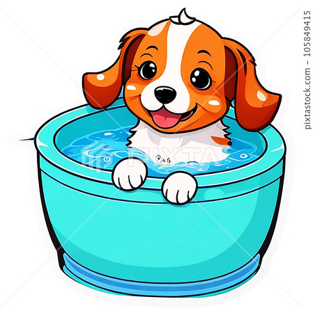 cute dog sitting in bolw 105849415
