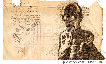 3d illustration - Engineering drawing in style of Leonardo Da Vinci 105849482