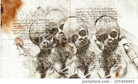 3d illustration of spooky,creepy and scary vintage baby dolls drawing in style of Leonardo Da Vinci 3d illustration of spooky,creepy and scary vintage baby dolls drawing in style of Leonardo Da Vinci 105849483
