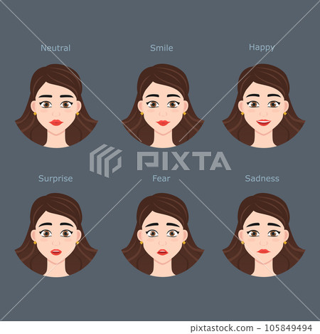 Character girl faces set. Pack of women emotions for animation, game, education or advertisign. Vector portrait collection of beautifull lady Character girl faces set. Pack of women emotions for animation, game, education or advertisign. Vector portrait collection of beautifull lady 105849494