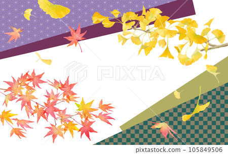A watercolor illustration of yellow-colored ginkgo and red-colored maples. Frame decoration of traditional Japanese patterns and autumn leaves A watercolor illustration of yellow-colored ginkgo and red-colored maples. Frame decoration of traditional Japanese patterns and autumn leaves 105849506