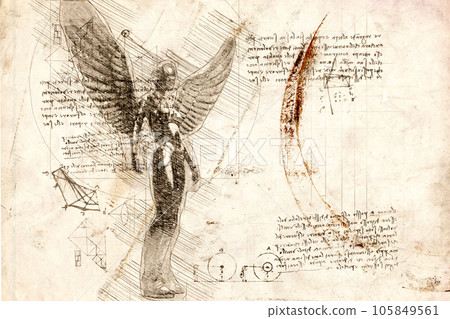 3d illustration - woman angel with wings drawing in style of Leonardo Da Vinci 3d illustration - woman angel with wings drawing in style of Leonardo Da Vinci 105849561